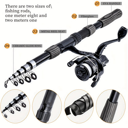 1.8-2.1m Telescopic Fishing Rod & Reel Combo with Carry Bag - Lightweight Fast Action Spinning Reel, Ambidextrous Left/Right Hand Operation, Medium Light Power For Saltwater & Freshwater Fishing, Ideal Gift For Christmas, Hal