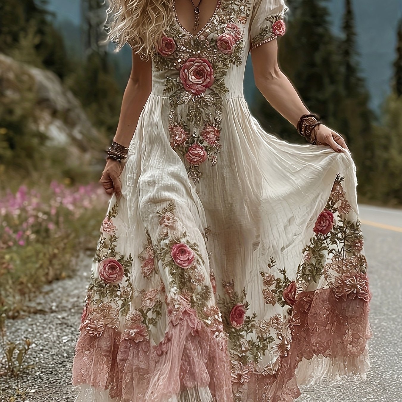 Elegant Women'S V-neck Short-Sleeved Dress with Full Skirt | Lightweight and Breathable Fabric, Perfect for Travel and Beach Vacations, Floral Pattern, Oversized Fit