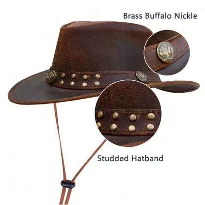 Men's & Women's Genuine First-Layer Cowhide Western Cowboy Hat - Vintage Australian Wide Brim, UPF Sun Protection, Breathable High Top with Rivet Trim, Outdoor Ranch Riding Hat for Rodeo, Casual Wear (Unisex)