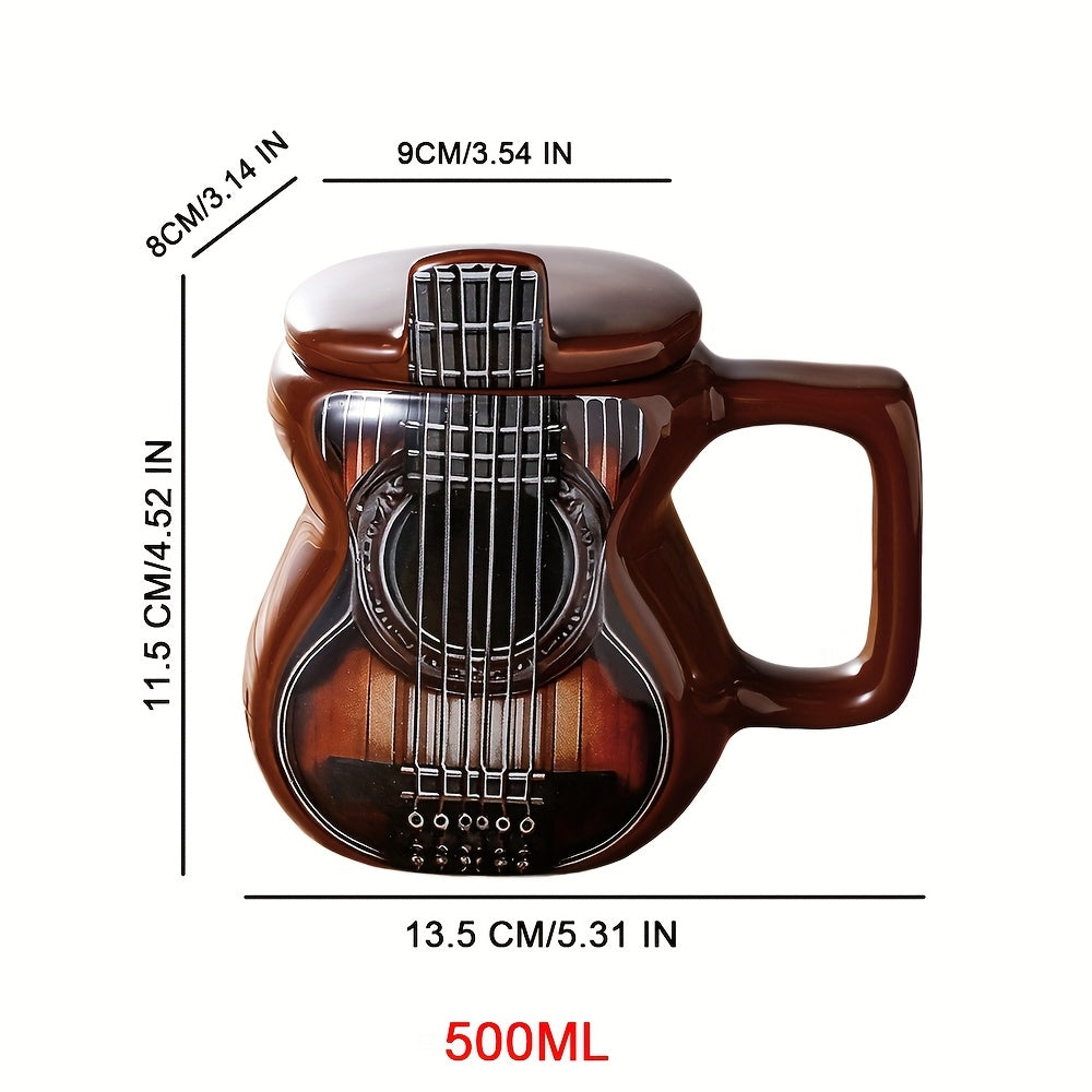 Guitar-Shaped Ceramic Mug - Large 500ml Music-Themed Coffee Cup with Spanish Lyre & Guitar Tab Design, Freezer- Lid, Hand Wash Only - Gift for Musicians, Musically-Inspired Drinkware for Home, Office, Dorm (Guitar Pick Accent
