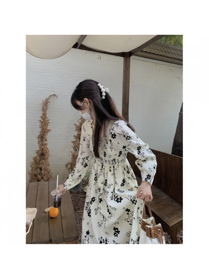 Dried Rose Floral Print Dress | New Women'S Autumn and Winter Fashion Long Dress, Square Neck, FB FENGBAY Brand
