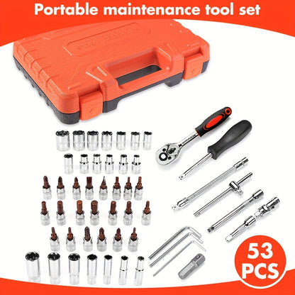 A Collection of 53 Mechanical Tool Kits, Including 1/2" And 1/4" Drive Depth And Standard Sockets, Ergonomic Handles, Ratchet Wrenches, Tools for Automotive And Bicycle Repairs, As Well As Household Maintenance Tools.