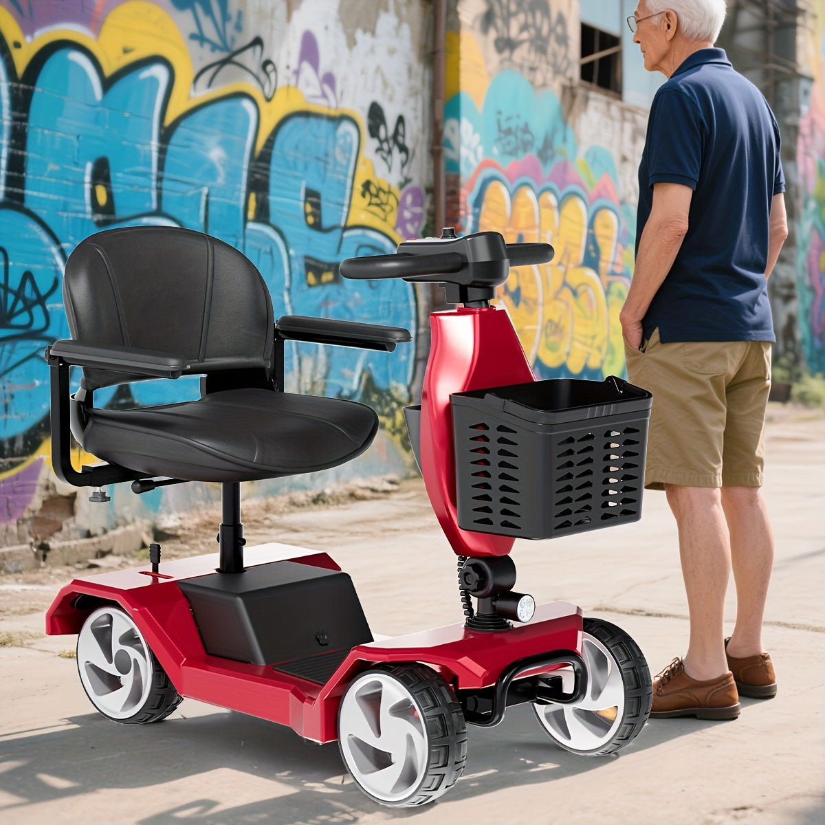 HOMYKING Red Travel-Friendly HOMYKING Foldable 4-Wheel Electric Scooter, 250W Power + Dual Suspension, 15 Miles Range + Front Brake, Detachable Basket + Front Light, for Adults/Elders, 265lbs Capacity, Foldable Scooter, Mobil
