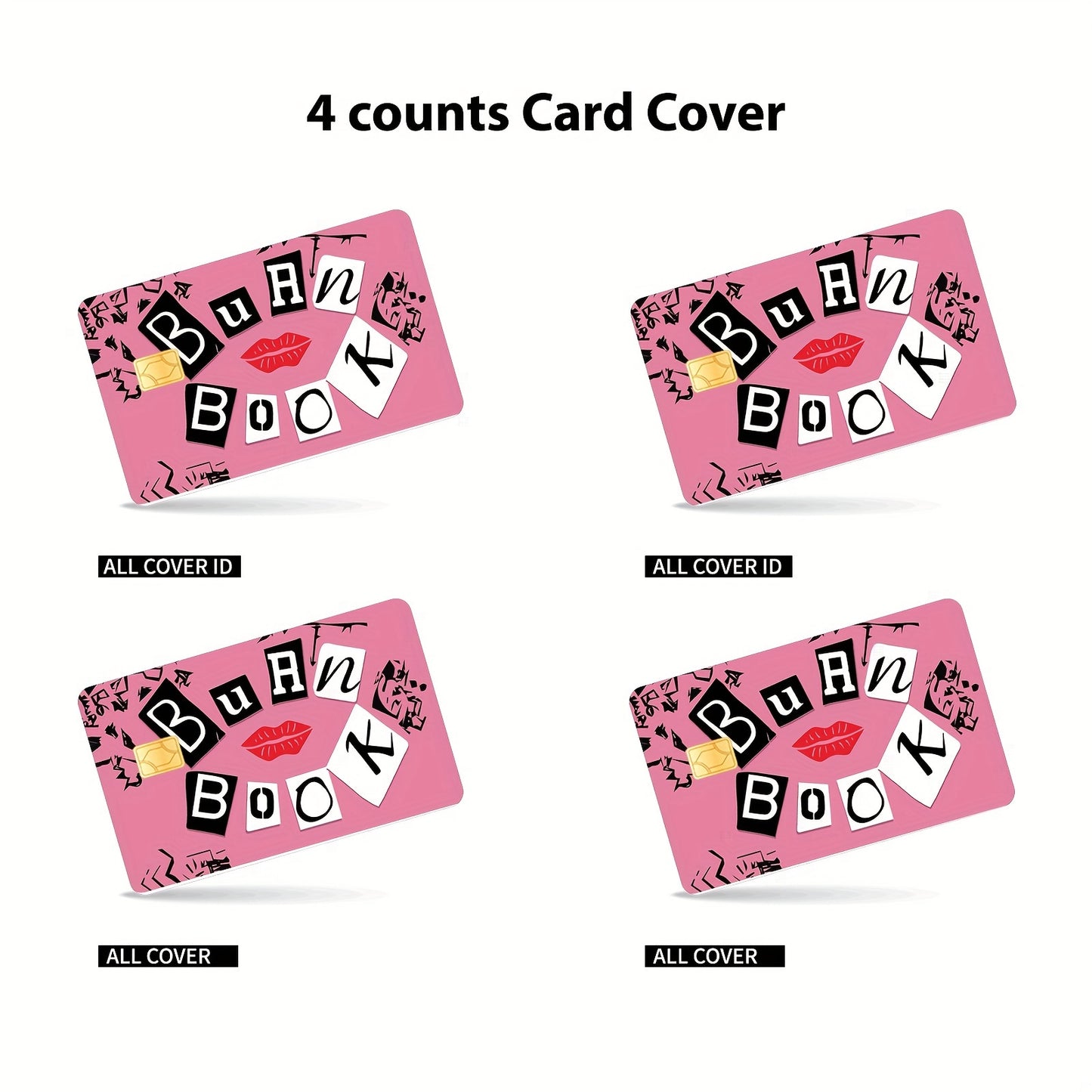 4-Pack Cute Color Block PVC Credit Card Skins - Pink & Design with "Burn Book" Text, Anti-Scratch & Waterproof Vinyl Stickers for Debit, Transit