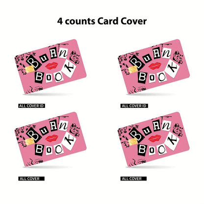 4-Pack Cute Color Block PVC Credit Card Skins - Pink & Design with "Burn Book" Text, Anti-Scratch & Waterproof Vinyl Stickers for Debit, Transit