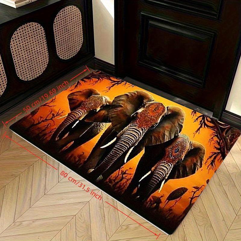 3-Elephant African Tribal Mat - Large Rectangular Floor Mat with Warm Brown/Beige/Black/Orange/ Golden/Gray Tones, Non-Slip Machine Washable Polyester Mat for Living Room, Bedroom, Entryway, Patio - Modern African Decor for H