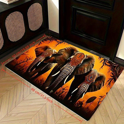 3-Elephant African Tribal Mat - Large Rectangular Floor Mat with Warm Brown/Beige/Black/Orange/ Golden/Gray Tones, Non-Slip Machine Washable Polyester Mat for Living Room, Bedroom, Entryway, Patio - Modern African Decor for H