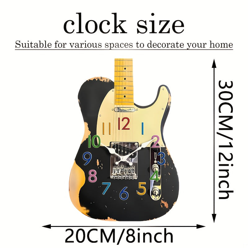 1pc Unique Shaped Clock, Retro Guitar Design Wall Clock, Irregular Cut Guitar Clock, Silent Quartz Unique Creative Music Clock, Suitable for Bedroom, Living Room, Office, Kitchen, Bathroom, Battery Powered (Batteries Not Incl