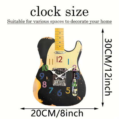 1pc Unique Shaped Clock, Retro Guitar Design Wall Clock, Irregular Cut Guitar Clock, Silent Quartz Unique Creative Music Clock, Suitable for Bedroom, Living Room, Office, Kitchen, Bathroom, Battery Powered (Batteries Not Incl