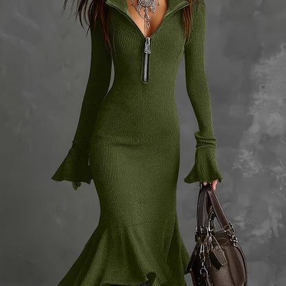 Plus Size - HERTALK2025 Autumn Fashion And Elegant Style Zipper Lapel Flared Sleeve Fishtail Dress