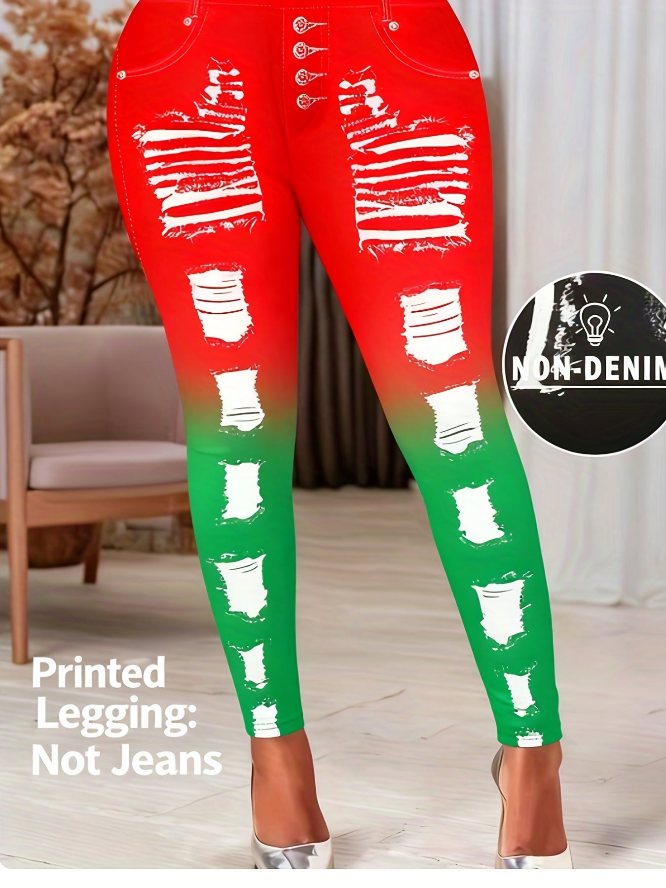 [Printed Pants - Not Denim Fabric] Printed Legging - Not Denim Fabric - Christmas Plus Size Women's Digital Print Denim-Look Leggings, Stretch Polyester, All-Season Casual Slim-Fit Pants, Regular Fit, Adult Sizes, Machine Was