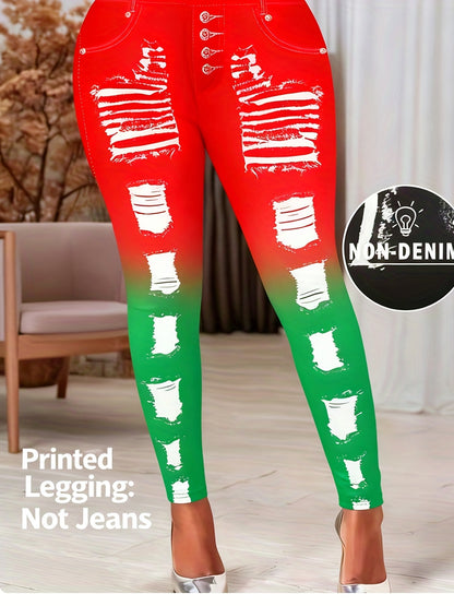 [Printed Pants - Not Denim Fabric] Printed Legging - Not Denim Fabric - Christmas Plus Size Women's Digital Print Denim-Look Leggings, Stretch Polyester, All-Season Casual Slim-Fit Pants, Regular Fit, Adult Sizes, Machine Was