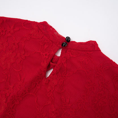 Ladies' Fashionable Dress for Parties and Gatherings Solid Color Hollow Out Straps Sexy Lace Long Sleeved Ribbon Short Dress