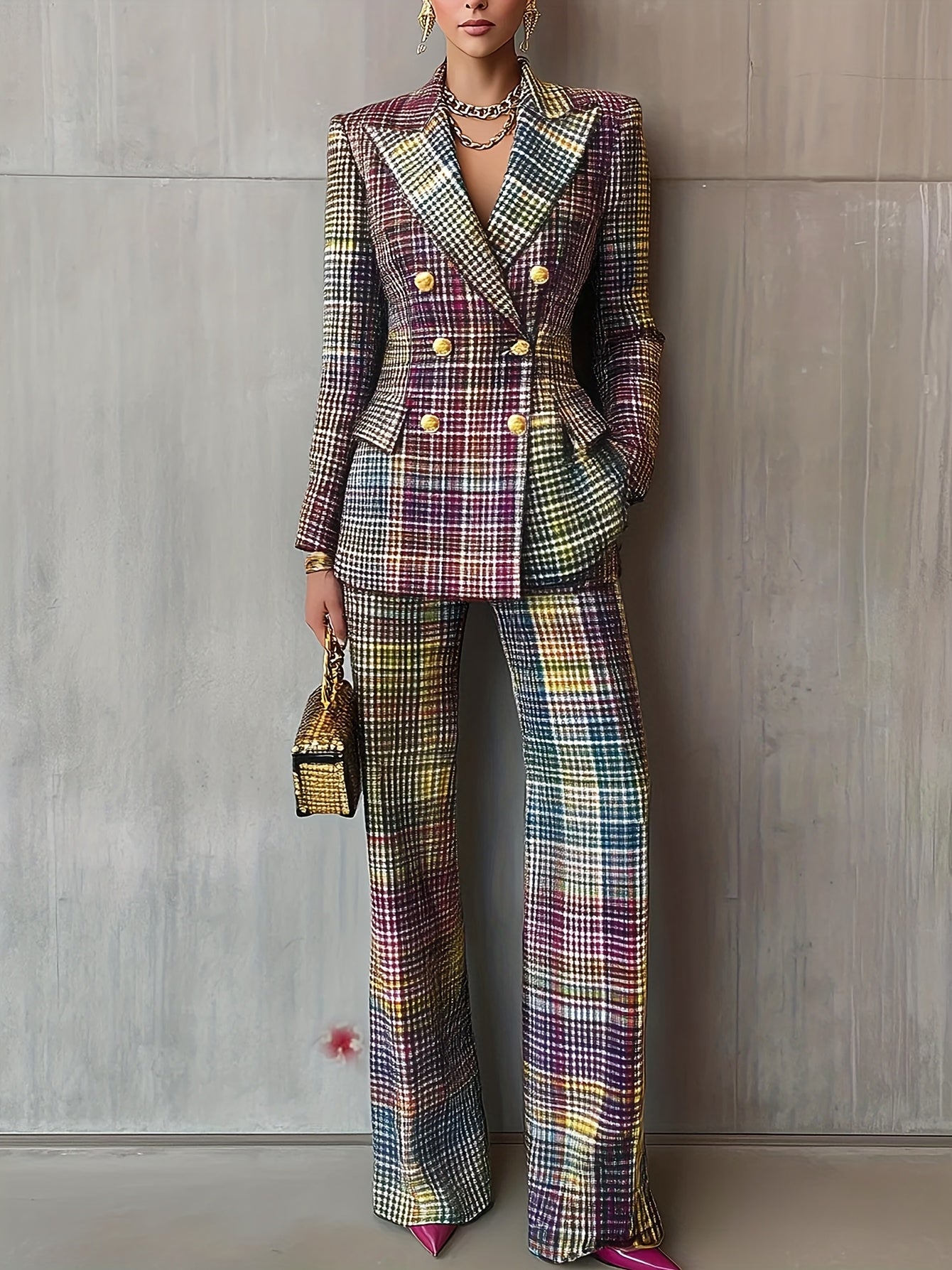 Double-Breasted Blazer and Straight-Leg Trousers - Urban Elegant Business Office - Digital Print Color Gradient Plaid Lapel Long Sleeve Casual - Suitable for Parties, Dates, Business Office, and Various Important Occasions