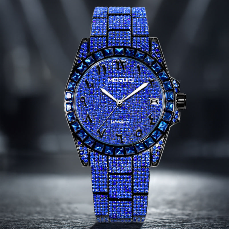 1pc Men'S Luxury Blue Steel Strap Watch - Gorgeous Starry Sky Tourbillon Mechanical Movement, Round Dial with Date Display, Alloy Case & Strap, No Battery Needed, Elegant Timepiece for Casual Attire, Formal Accessory, Sophist