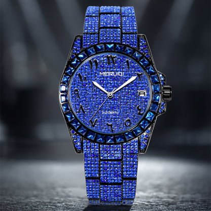 1pc Men'S Luxury Blue Steel Strap Watch - Gorgeous Starry Sky Tourbillon Mechanical Movement, Round Dial with Date Display, Alloy Case & Strap, No Battery Needed, Elegant Timepiece for Casual Attire, Formal Accessory, Sophist