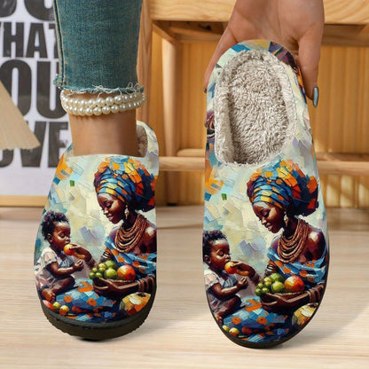 1-Pair Women'S African-Inspired Slip-On Slippers - Soft Fabric Upper & TPR Sole, Warm All-Season Indoor/Outdoor House Shoes with Vibrant African Print (Women, Slippers For Women, Slippers For Women Indoor, Slippers For Women