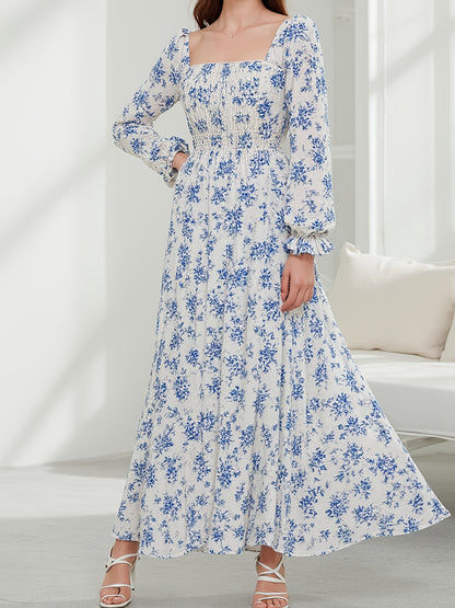 Elegant Long Dress for Women Featuring a Blue Floral Print, Side Slit, Square Neckline, And Ruffled Hem with Long Puff Sleeves, Perfect for Spring, Summer, And Autumn. This French Waist-Cinching Design Is Ideal for Beach Outi