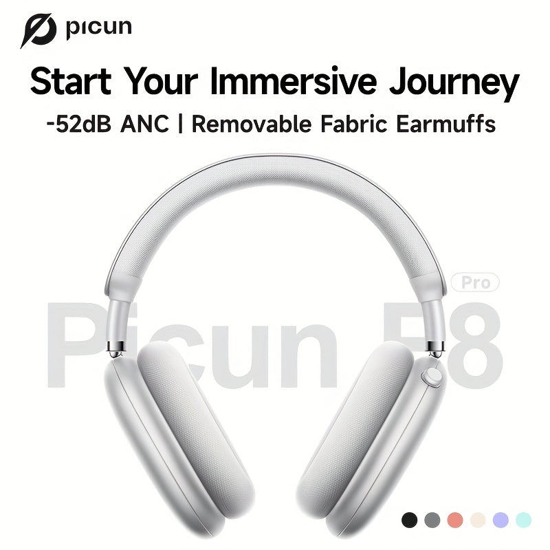 Picun F8Pro Wireless Over-Ear Headphones with 52dB Hybrid ANC, Hi Res Audio, 140H Playtime, Dual Device Pairing, 5 Mic ENC & Detachable Fabric Cushions All Day Comfort for Work & Travel, Picun