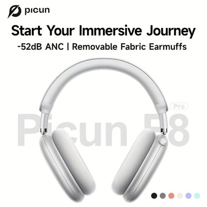 Picun F8Pro Wireless Over-Ear Headphones with 52dB Hybrid ANC, Hi Res Audio, 140H Playtime, Dual Device Pairing, 5 Mic ENC & Detachable Fabric Cushions All Day Comfort for Work & Travel, Picun