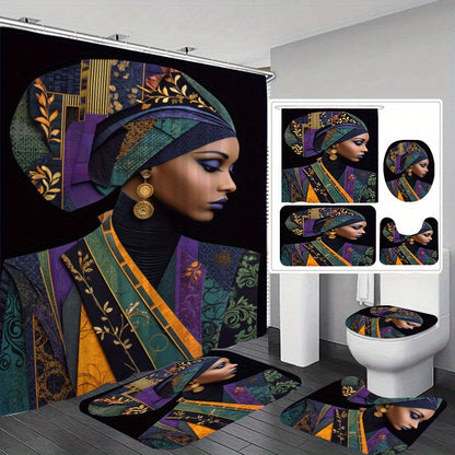 Set of 4 Luxurious Fabric Items Adorned with Golden, Featuring an Extra Wide Circular Shower Curtain Available in Various Sizes. This Decorative Bathroom Ensemble Includes a Shower Curtain, a Non-Slip Mat, a Toilet Seat Cover