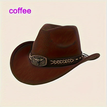 3pcs Unisex Western Cowboy Hats - Wide Brim Sun Protection, Metal Bull Head Buckle & Braided Faux Belt, Vintage Style for Outdoor Riding, Hiking, Rodeo (Black/Brown/White) | Classic Cowboy Style | Faux Fabric