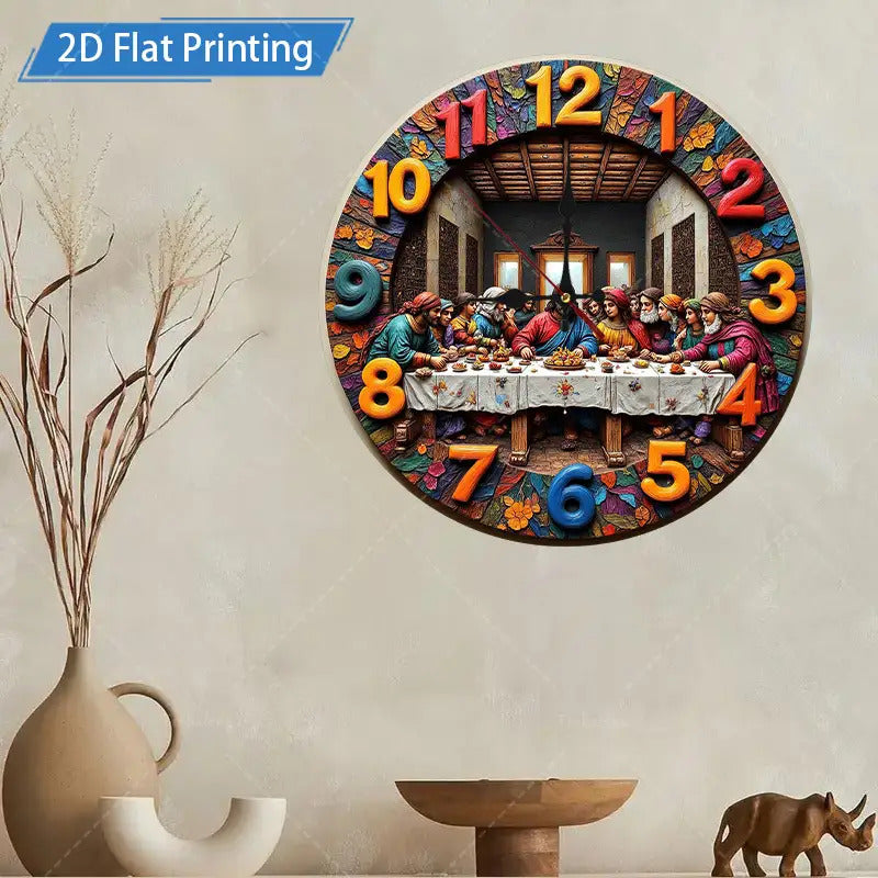 1 Piece Christmas Decoration Wooden Wall Clock, 2D The Last Supper Design - Large Round Silent, Religious, Leonardo da Vinci Inspired The Last Supper Art, Suitable for Home, Church, Office Decoration - Unique Gift for Christi