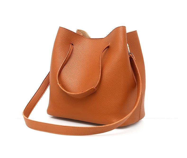 New 4pc Large Capacity Leather Handbag Solid Color Lychee Texture Shoulder Bag Bucket Bag Purse