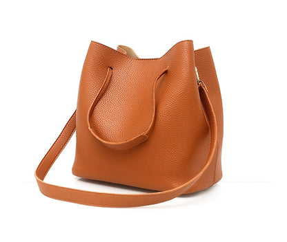 New 4pc Large Capacity Leather Handbag Solid Color Lychee Texture Shoulder Bag Bucket Bag Purse