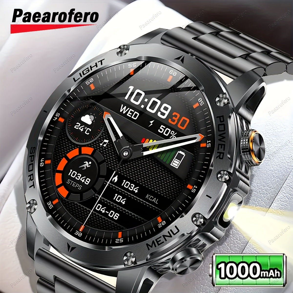 Paearofero 1000mAh Large Battery Outdoor Smartwatch, LED Flashlight, Wireless Calling, Voice Assistant, Multi-Function Reminder, Sports Fitness, 1.7-inch HD Display, Alloy Body, Men'S Smartwatch for iPhone&Android, Holiday Gi