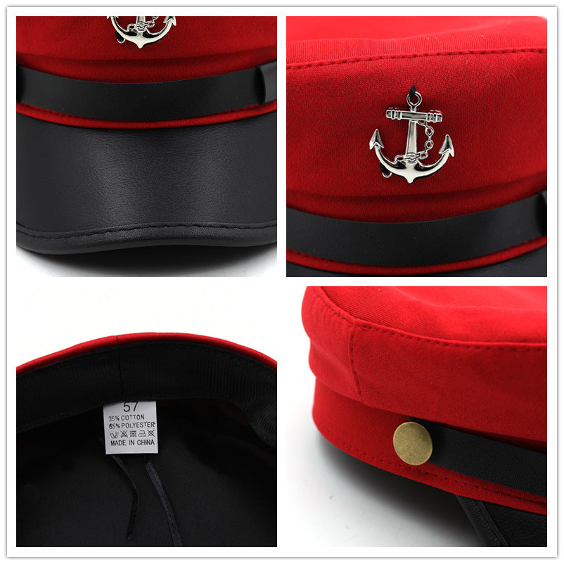 Women's Nautical Anchor Beret Hat - Red & Black Yacht with White Anchor Emblem, Adjustable Buckle Closure, Large Head Size for Face, All-Season Lightweight French-Style for Sailing, Parties & Maritime Events