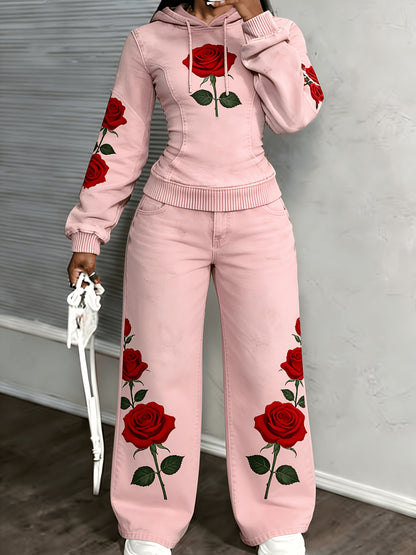[Printed Pants - Not Denim Fabric] [Non-denim] Women's Flat Print Trendy Casual Long-Sleeved Hooded Drawstring Sport Top + High-Waisted Sport Pants]