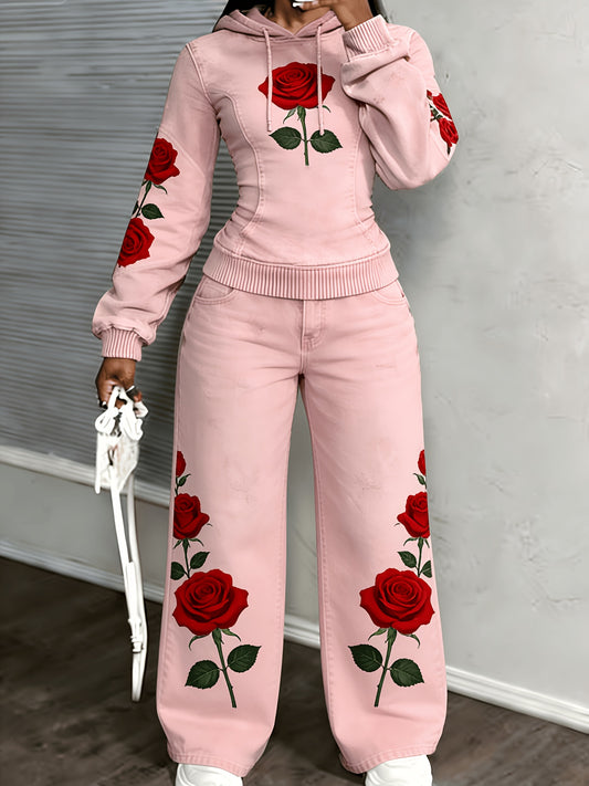 [Printed Pants - Not Denim Fabric] [Non-denim] Women's Flat Print Trendy Casual Long-Sleeved Hooded Drawstring Sport Top + High-Waisted Sport Pants]