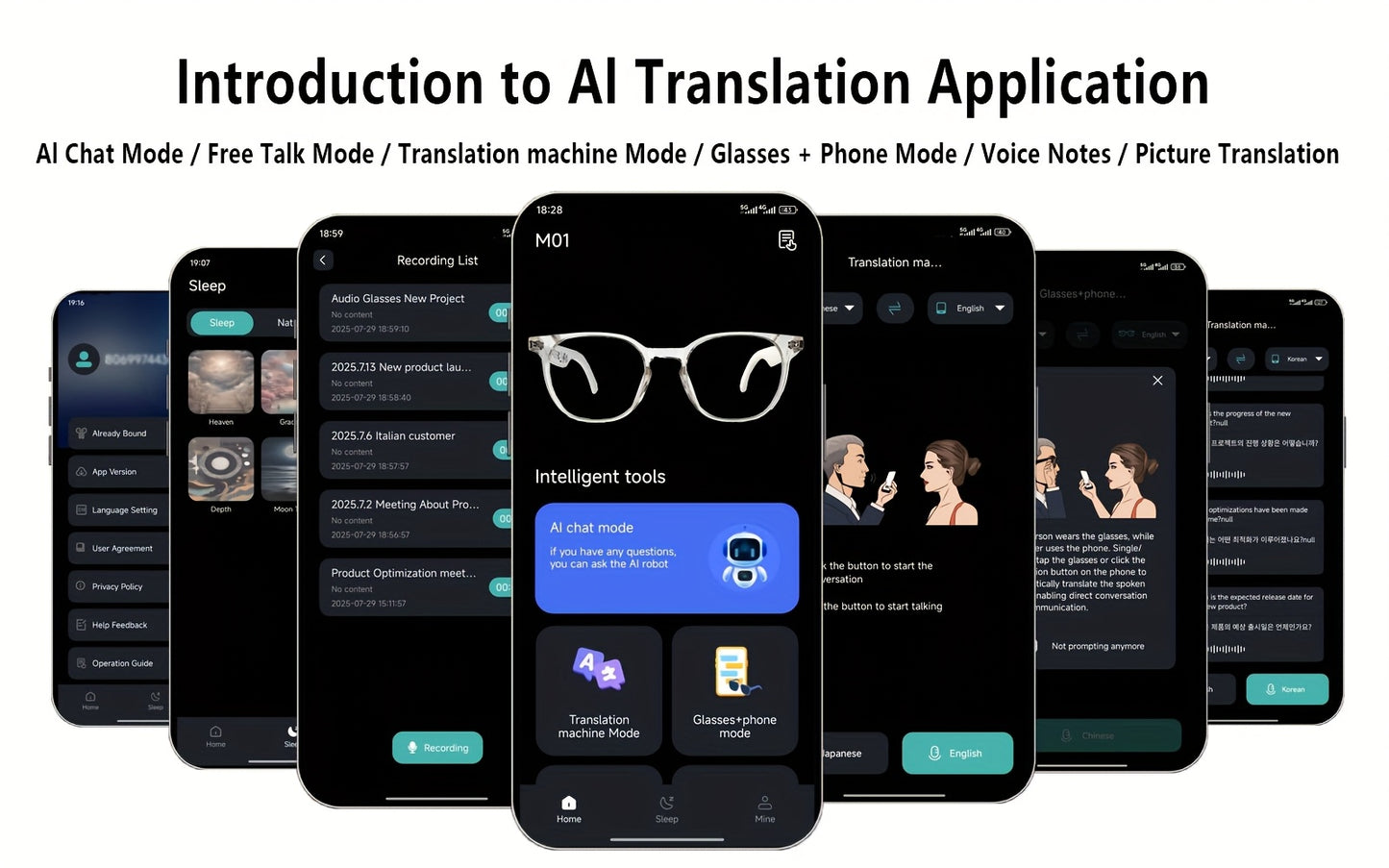AI Translation Smart Glasses with 160+ Language Real-Time Translator, Enabled, Built-in Mic/Speaker & Music Playback - Photochromic for Men & Women, Driving &