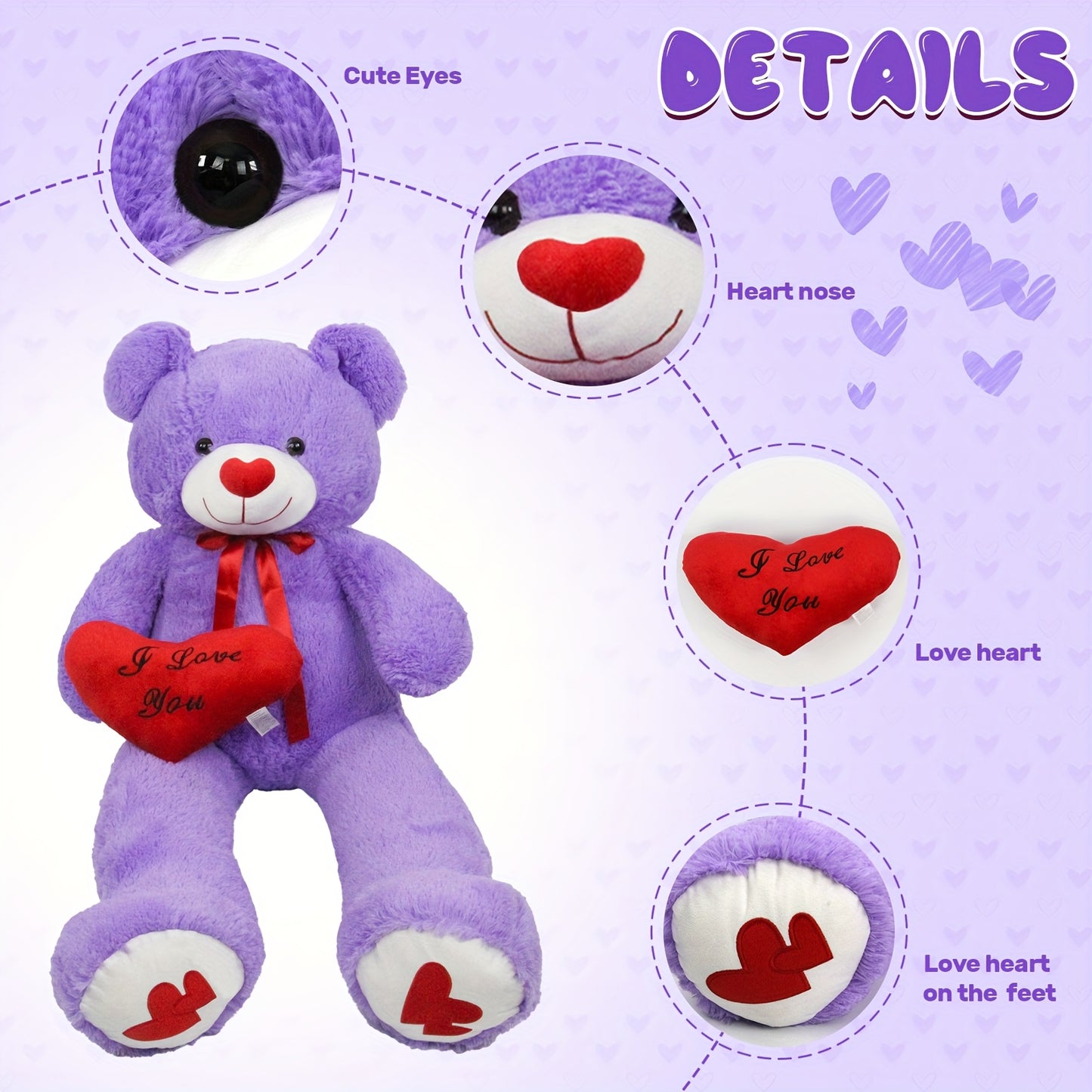 53" Big Teddy Bear Stuffed Animals with Footprints And 14" Heart-shaped Plush Pillow Plush Toy for Girlfriend (White Pink Brown Blue Purple), Stuffed Animals, Huge Stuffed Animal, Small Stuffed Animals, Cuddly Companion, Gift