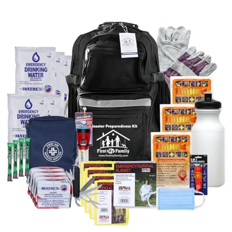First My Family AllinOne 4 Person 72 Hour Emergency Survival Kit for Fires Earthquakes Hurricanes Floods Tsunami and Other Disasters Premium Black Backpack