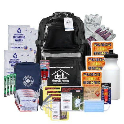 First My Family AllinOne 4 Person 72 Hour Emergency Survival Kit for Fires Earthquakes Hurricanes Floods Tsunami and Other Disasters Premium Black Backpack
