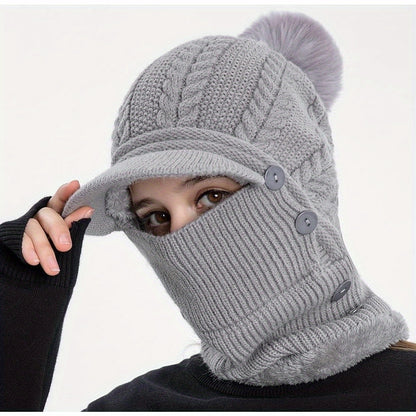 1x Winter Women's Pullover Ear Warmer Hat, Scarf Mask Combo Warm Thick Skull Ski Cap, Head And Neck Warmth, Ear And Face Warmer, Winter Scarf Mask Combo, Ear Warmer Hat, Cable Pattern, Slouchy Fit, Hand Wash Care, Thick Fleec