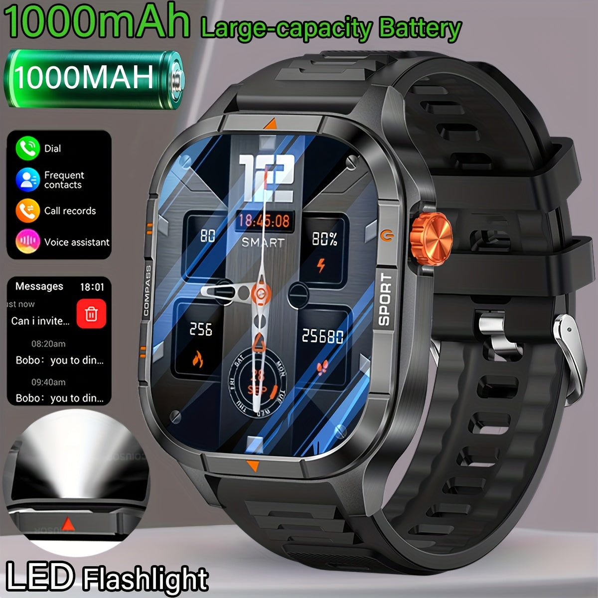 COIUSOR Men's & Women's Heavy-Duty Smart Watch with 1000mAh Battery, IP68 Waterproof, 2.01" HD IPS Display, ic, -like Compass & Wireless 5.3 - Rugged Outdoor Smartwatch for,, -Grade Fitness Tracker