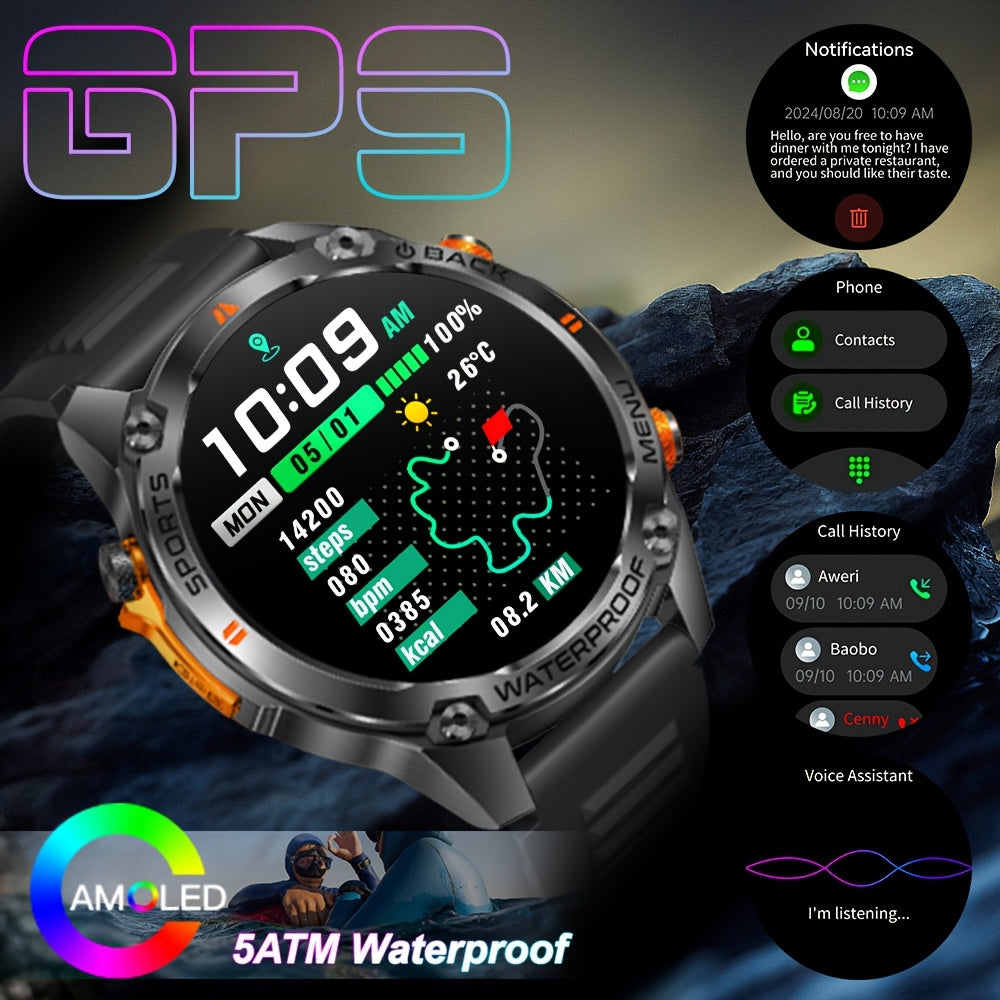 GPS smart watch for all kinds of outdoor sports, ultra-clear AMOLED screen, alloy frame, with compass, barometer, 5ATM High Quality, HD call, information push, health monitoring, 100 sports tracking, compatible with Android a