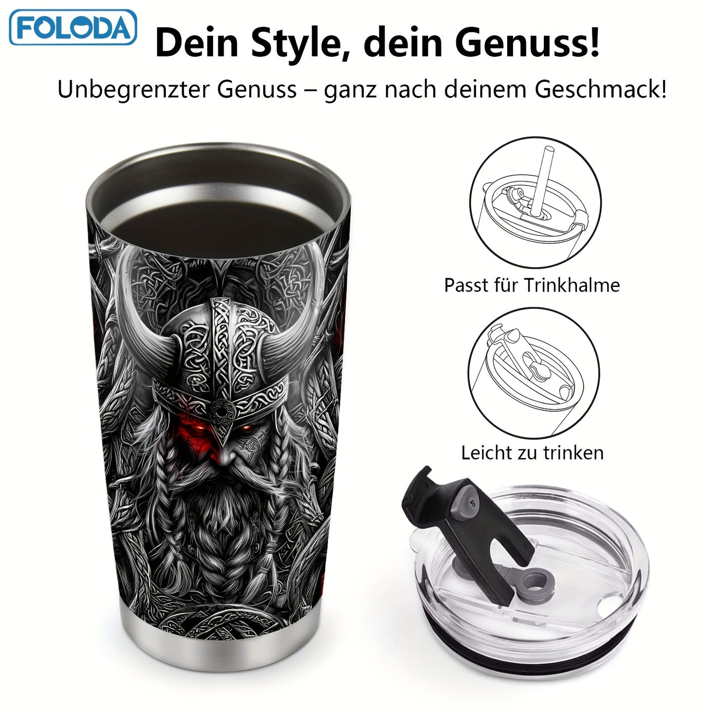 Foloda 20oz Viking Stainless Steel Tumbler with Leak-Proof Lid & Straw, BPA-Free Insulated Travel Mug, Oval Ergonomic Grip, Norse Warrior Design for Hot/Cold Drinks - Durable Outdoor Drinkware, Bpafree Material