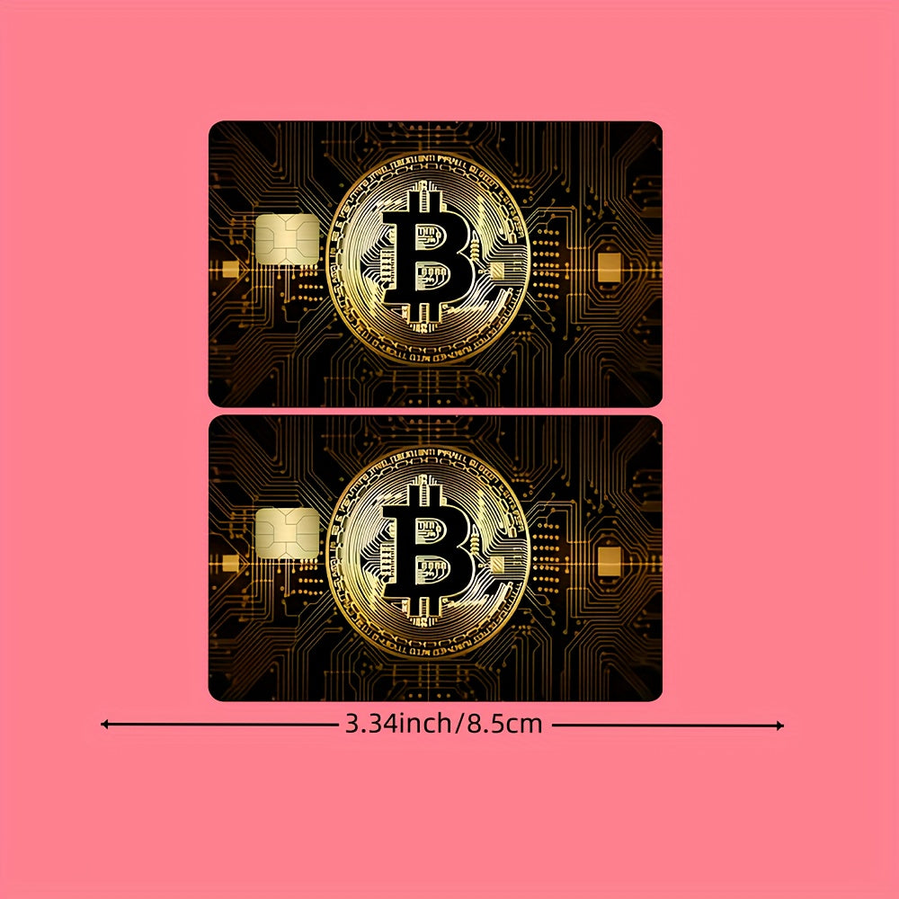 2pcs Golden Design Bitcoin Theme Waterproof Stickers, Ultra-Thin High-Quality Scratch-Resistant Card Skins for Credit/Debit Cards, Bank Cards & Public Transport, Removable Self-adhesive Decorative Stickers (ideal Gift For Men