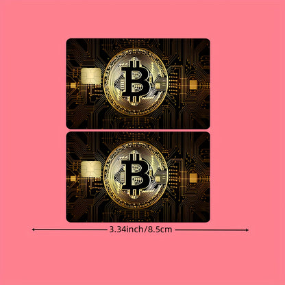 2pcs Golden Design Bitcoin Theme Waterproof Stickers, Ultra-Thin High-Quality Scratch-Resistant Card Skins for Credit/Debit Cards, Bank Cards & Public Transport, Removable Self-adhesive Decorative Stickers (ideal Gift For Men