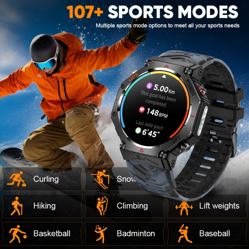 Men's Smartwatch - 1.39inch full touch HD Display, come with long range flashligh & GPS function, 530mAh large battery capacity, Wireless Calls/dial, compass, Music Control, massive sports modes, Zinc Alloy Case, Silicone and