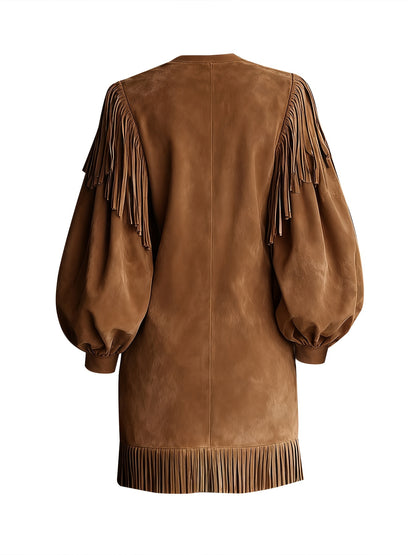 American Vintage Fashion Fringe Women's Mini Dress with Round Neck, Lantern Sleeves, and Fringe Hem for Party, Casual, Autumn Street Style, Elegant Special Edition