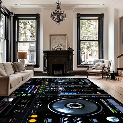 Large Non-Slip Floor Mat Mat - DJ Turntable Design -Slip Living Room Bedroom Bathroom Mat, Machine Washable Indoor/Outdoor Mat for Home Studio, Parties, Gym - Black Background with DJ Controls Graphic