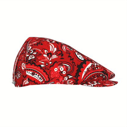 1pc Vintage Red Paisley Flat Cap - Full-Width Printing, Adjustable Strap for Men & Women, Lightweight Irish Newsboy Beret Ivy Cabbie Hat - Formal, Casual, Themed Events - Christmas, Graduation, Football Games - Easy-Care Poly