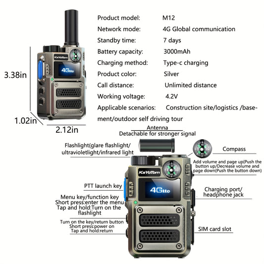 2 Global Walkie-Talkies with Unlimited Range Communication 5000 Kilometers Long-Distance Radio. Three-color Lights Can Be Switched. Compass-style Handheld. PoC Rechargeable. Multi-functional Two-way Communication with High-qu