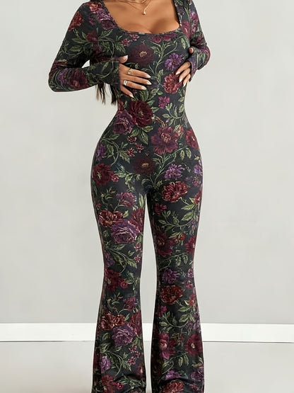 Women'S Jumpsuit Set | Casual Fashionable Sexy, Loose U-Neck Cut, Slim Fit, Burgundy Rose Print, Long Sleeve Flared Leg, Versatile Use, Suitable for Multiple Occasions & Seasons, Ideal for Outdoor