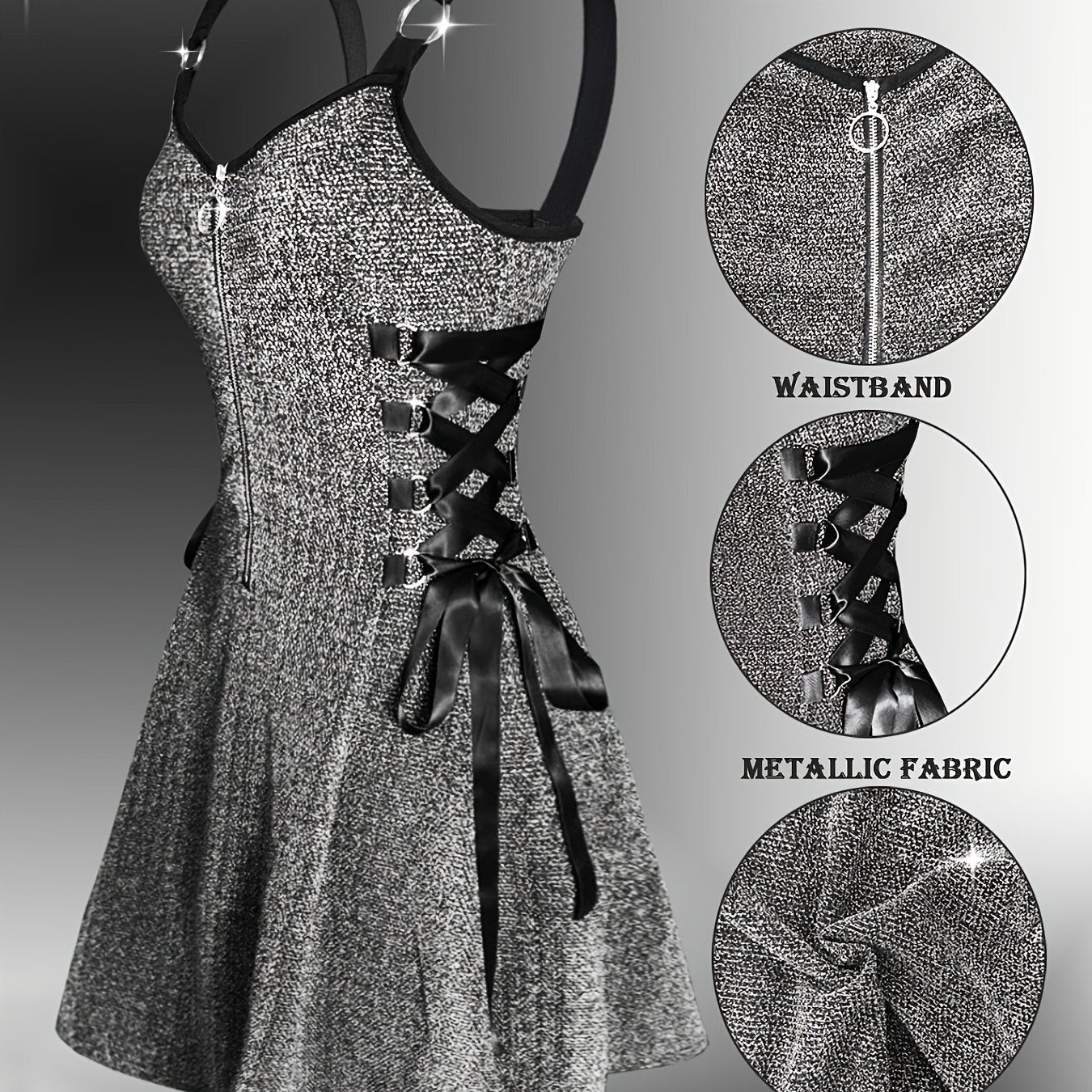 Y2K Metallic Fabric | Fashionable Women'S Peplum Dress with V-neck and Zipper Closure | Flared Hem, Waist-Cinching Details | All-Season Wear